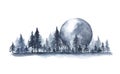 Fog forest landscape, Full moon. Watercolor illustration