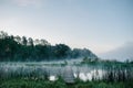 Fog, grass, trees against the backdrop of lakes and nature. Fishing background. Carp fishing. Misty morning. nature. Wild areas. Royalty Free Stock Photo