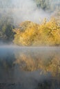 Fog hovering over river early morning at sunrise Royalty Free Stock Photo