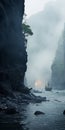 Misty Gorge: A Cinematic Still Of A Ship In A Waterfall Cove