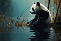 Fog kissed forest, panda sits near pond a tranquil illustrated setting