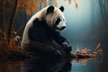 Fog kissed forest, panda sits near pond a tranquil illustrated setting