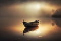 Fog on lake, a lonely boat near the shore at evening sunset. Royalty Free Stock Photo