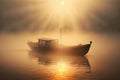 Fog on lake, a lonely boat near the shore at evening sunset. Royalty Free Stock Photo