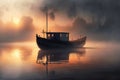 Fog on lake, a lonely boat near the shore at evening sunset. Royalty Free Stock Photo
