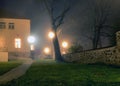 Fog landscape, bright and illuminated building, illuminated trees in the dark, the land is covered with colorful autumn leaves, Royalty Free Stock Photo