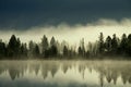 Fog over the forest by the shore of the lake. Royalty Free Stock Photo