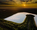 Fog over lake aerial view of Morning mist landscape purple sunset natural landscape Royalty Free Stock Photo