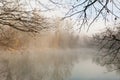 fog over the lake, cold morning, late autumn in park