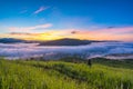 Fog over mountain and forest on sunrise Royalty Free Stock Photo