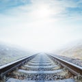 Fog over railroad and clouds with sun Royalty Free Stock Photo