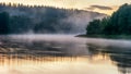 Fog over river Neris near Vilnius, Lithuania in the summer evening Royalty Free Stock Photo
