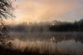 Fog rises on the surface of the water at dawn in winter framed by trees and grasses on Lake Lanier in Georgia Royalty Free Stock Photo