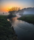 Fog in the river valley. picturesque spring morning Royalty Free Stock Photo