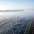 Fog Road, Foggy Highway, Autumn Smoke, City Smog, Perspective Fog Highway Landscape Royalty Free Stock Photo