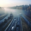 Fog Road, Foggy Highway, Autumn Smoke, City Smog, Perspective Fog Highway Landscape Royalty Free Stock Photo