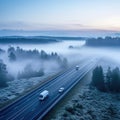 Fog Road, Foggy Highway, Autumn Smoke, City Smog, Perspective Fog Highway Landscape Royalty Free Stock Photo