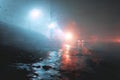 Fog rolling into city at night creating a surreal and mysterious atmosphere with a digital glitch effect Royalty Free Stock Photo