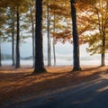 Fog rolling in over a blue lake between pine trees.