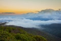 Fog sits over the valley in the Blue Ridge Mountains of North Carolina at sunset Royalty Free Stock Photo