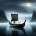 fog viking ship boat water sea ocean mist sail landscape Royalty Free Stock Photo