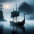 fog viking ship boat water sea ocean mist sail landscape Royalty Free Stock Photo