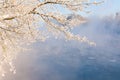 Fog winter landscape on the river Fabulous misty view of lake Frosty morning. Cold weather background concept. Abstract Royalty Free Stock Photo