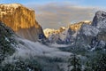 Fog in Yosemite Valley with El Capitan and Half Dome, Yosemite National Park Royalty Free Stock Photo