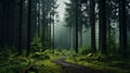 Enchanting European Forest Moody Green Path Through Deciduous And Fir Trees