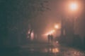 Foggy alley in night city park, blurred defocused background for your design Royalty Free Stock Photo