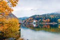 Foggy autumn view of Grundlsee lake. Romantic morning scene of Brauhof village, Styria stare of Austria, Europe. Colorful view of