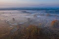 Foggy autumn wild river nature aerial view. Calm foggy fall scene on riverside. Beautiful misty nature landscape