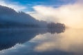 Foggy autumnal morning by the lake. Natural sunrise light. Trondheim area in Norway Royalty Free Stock Photo
