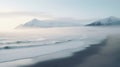 Foggy Beach With Mountain Backdrop: A Juxtaposition Of Hard And Soft Lines