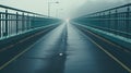 A foggy bridge with a car driving on it. Generative AI image.