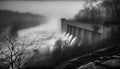 Foggy bridge over hydroelectric rapid supplies power generated by AI