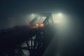 The foggy bridge with a street light on the side. The night bridge covered in the fog. Generative AI