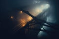 The foggy bridge with a street light on the side. The night bridge covered in the fog. Generative AI