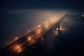 The foggy bridge with a street light on the side. The night bridge covered in the fog. Generative AI