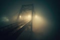 The foggy bridge with a street light on the side. The night bridge covered in the fog. Generative AI