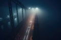 The foggy bridge with a street light on the side. The night bridge covered in the fog. Generative AI