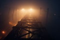 The foggy bridge with a street light on the side. The night bridge covered in the fog. Generative AI