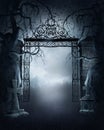 Foggy cemetery gate