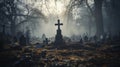 A foggy cemetery with trees and a cross. Generative AI.