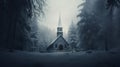 Foggy christian church in winter forest.