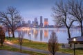 Foggy city view of the Louisville KY from banks of Ohio River Royalty Free Stock Photo