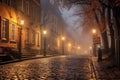 foggy cobblestone street with glowing streetlamps