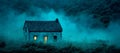 Within a foggy, dark forest night, the haunted house creates a melancholic background using image technology Royalty Free Stock Photo