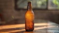 A foggy dark glass beer bottle on a rough wooden table. A sealed bottle illuminated with bright light. Blurred Royalty Free Stock Photo