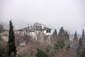 Foggy day above Milies village on Pelion mountain in Greece Royalty Free Stock Photo